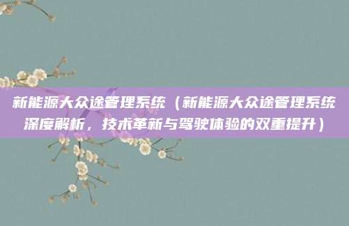 新能源大众途管理系统（新能源大众途管理系统深度解析，技术革新与驾驶体验的双重提升）